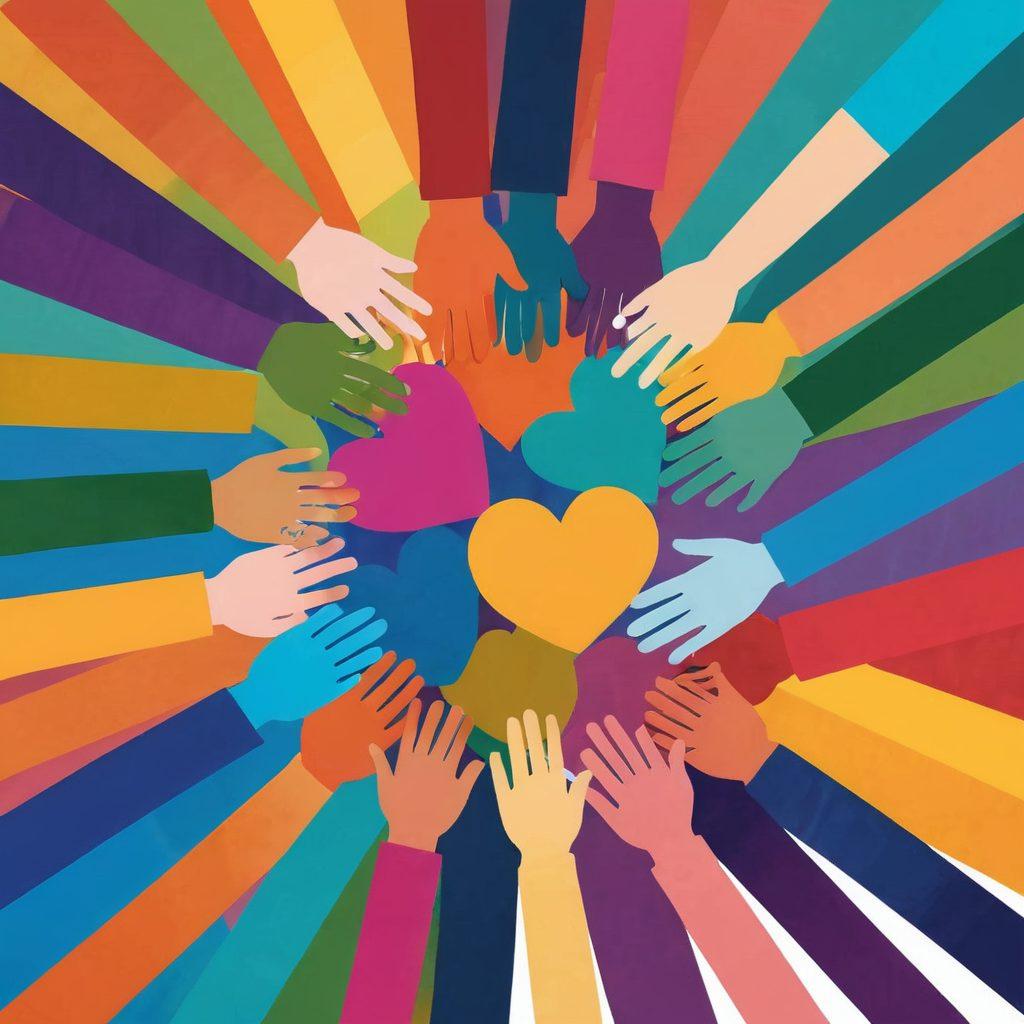 A diverse group of people from various backgrounds joyfully holding hands in a circle, surrounded by colorful abstract shapes symbolizing unity and acceptance. Incorporate elements like hearts and open arms to represent emotional warmth and belonging. The background features a bright, harmonious blend of colors that evoke positivity and inclusivity. super-realistic. vibrant colors. 3D.
