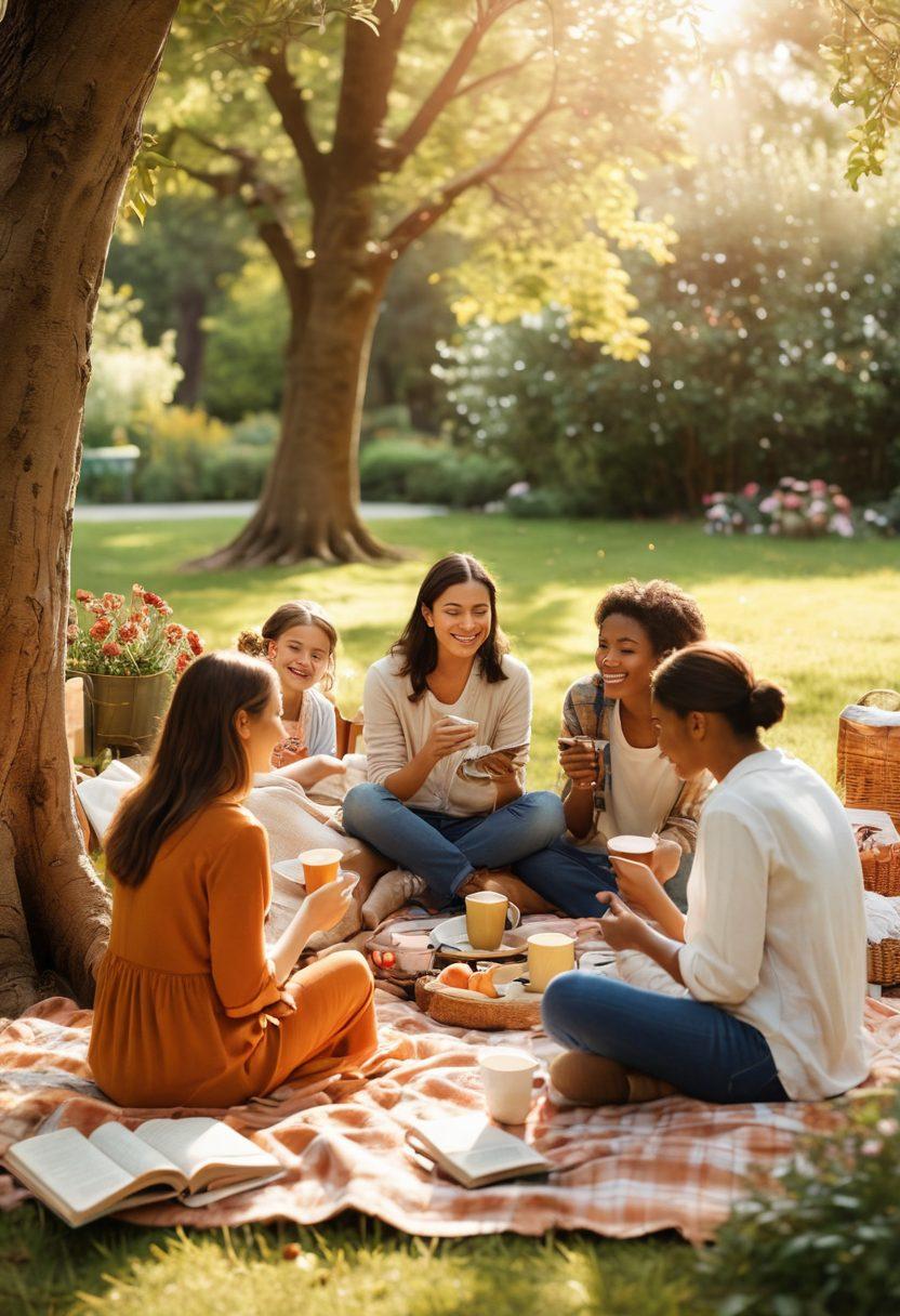 A heartwarming scene showcasing diverse friends of different ages and backgrounds gathered in a cozy park, laughing and sharing stories around a picnic blanket. Soft sunlight filters through the trees, creating a warm glow, while flowers bloom vibrantly in the foreground, symbolizing growth and connection. Include elements like cups of tea and a journal, illustrating support and well-being. super-realistic. warm colors. natural setting.
