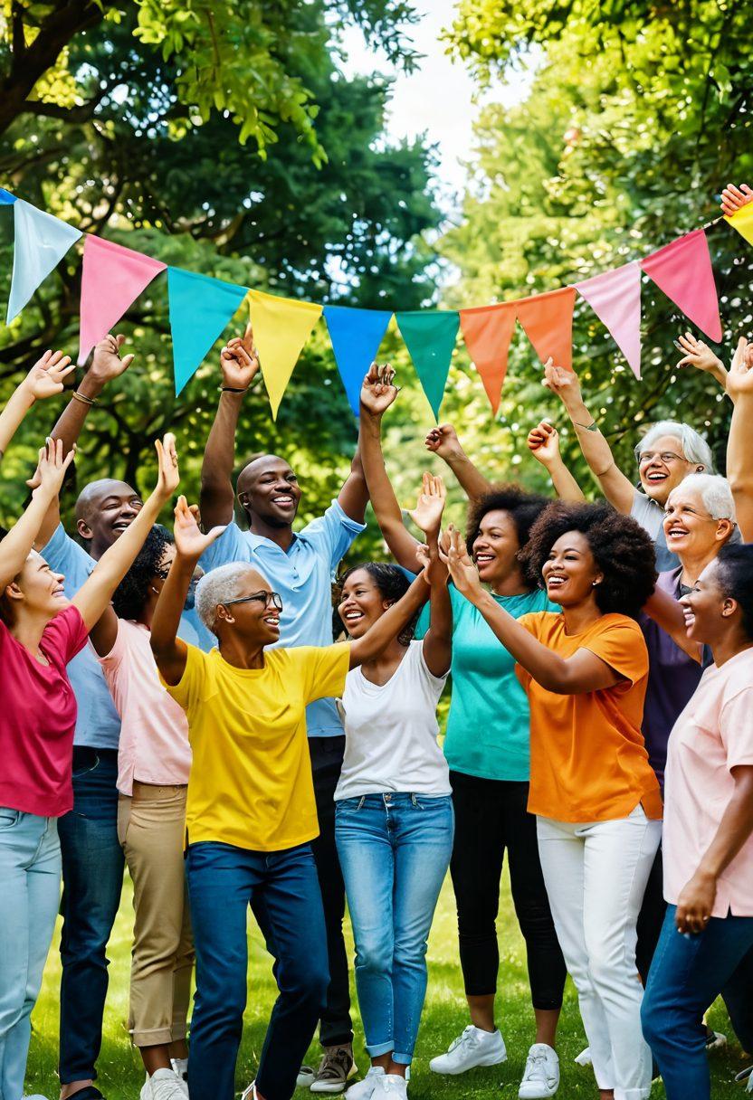 A diverse group of people of various ages and ethnicities, joyfully interacting in a vibrant park setting. Incorporate colorful banners that symbolize mental wellness and inclusivity, alongside lush green trees and flowers in bloom. Add supportive gestures, like hugs and high-fives, to emphasize connections. The scene should radiate warmth and positivity, inviting viewers to join this supportive community. vibrant colors. super-realistic. digital art.